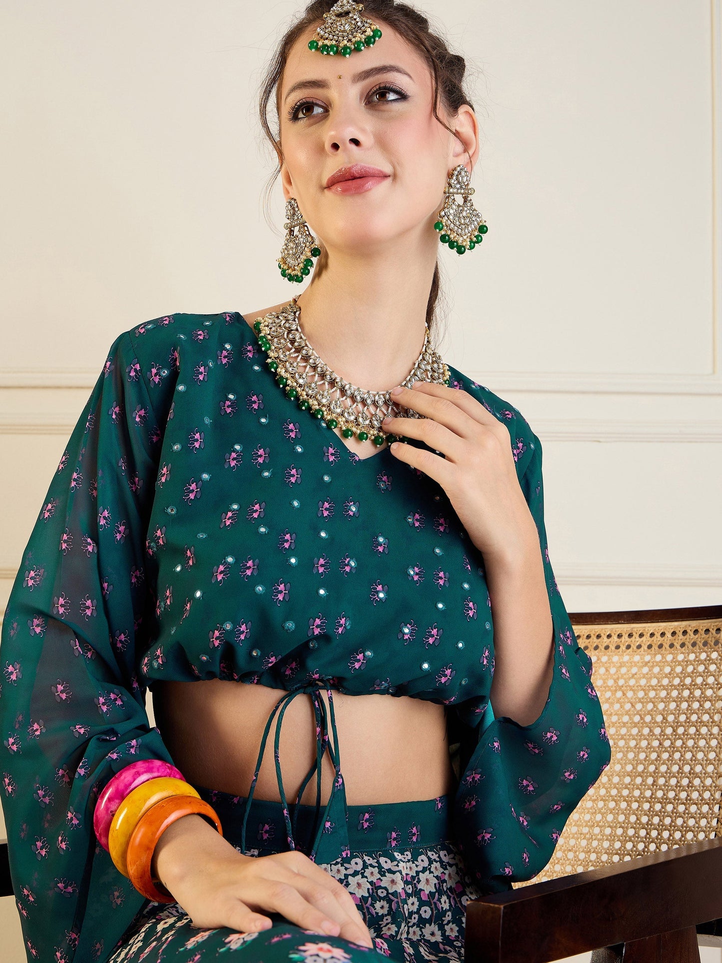 Women's Green Floral Lehenga Set