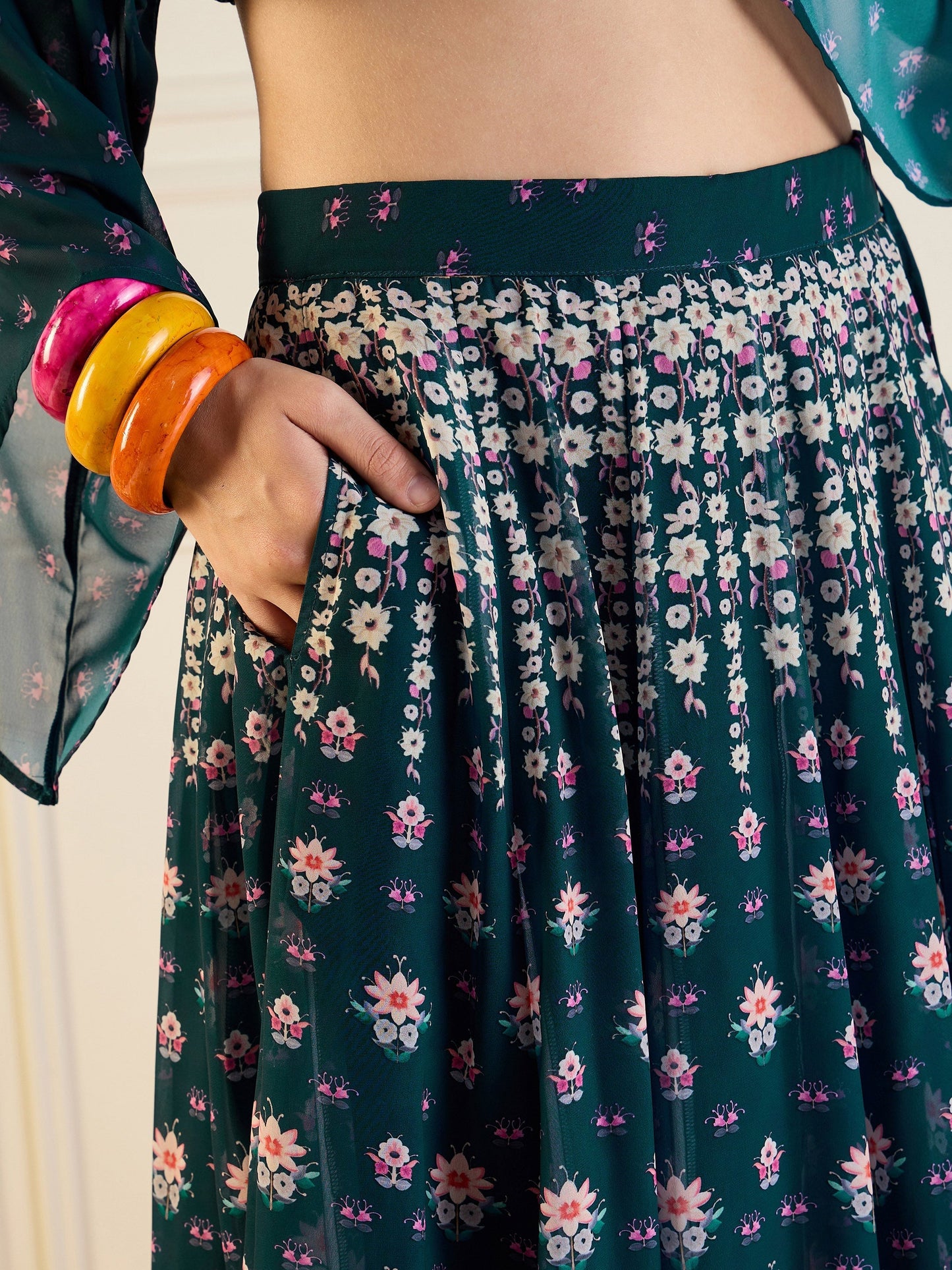 Women's Green Floral Lehenga Set