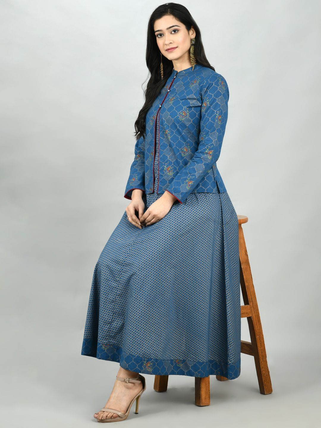 Women's Blue Cotton Printed Full Sleeve Mandarin Neck Casual Kurta Jacket Set
