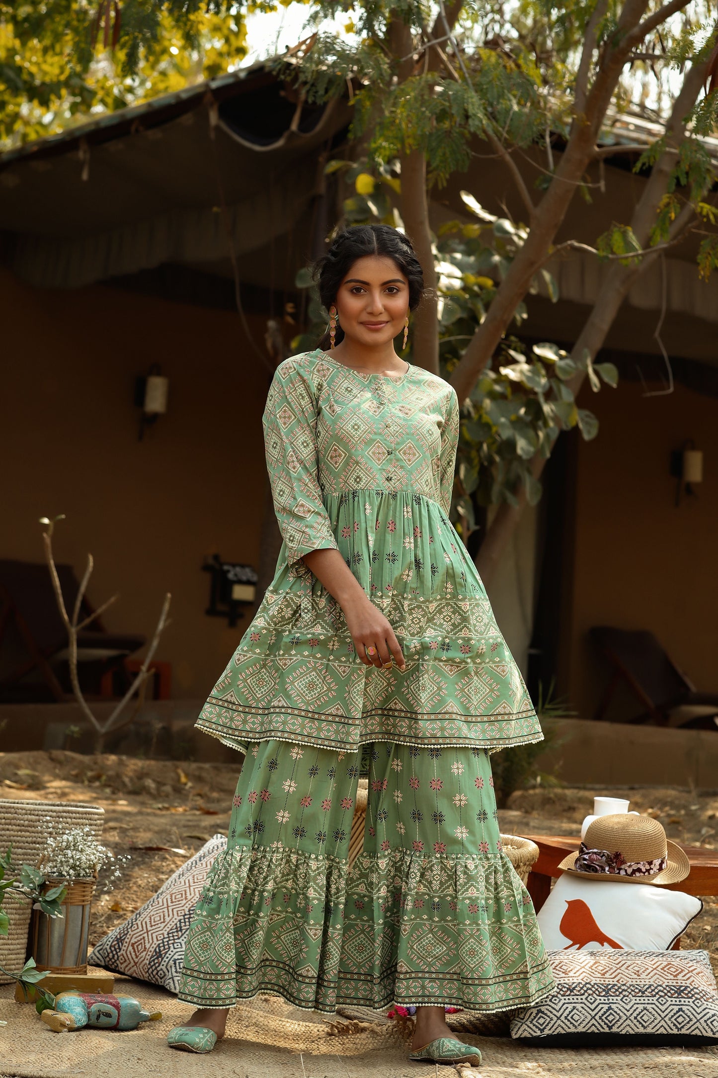 Women's Pistagreen Cambric Mexican Print Flared Tunic Sharara Set