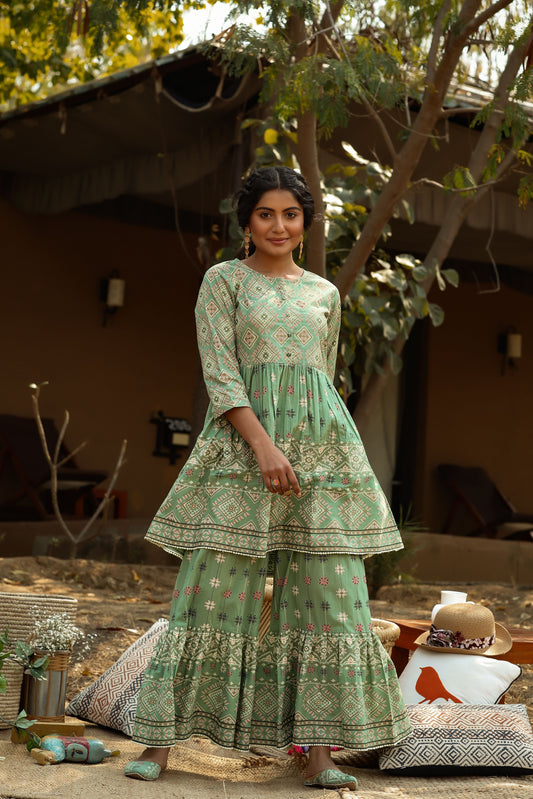 Women's Pistagreen Cambric Mexican Print Flared Tunic Sharara Set