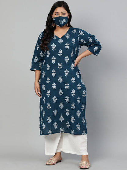 Women's Teal Blue Printed Straight kurta with V Neck & Three Quarters Sleeves