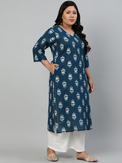 Women's Teal Blue Printed Straight kurta with V Neck & Three Quarters Sleeves
