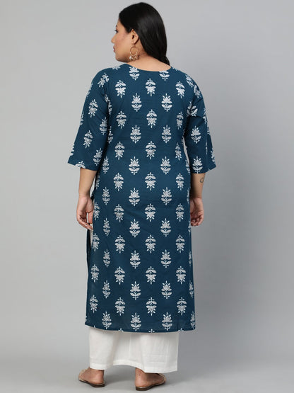 Women's Teal Blue Printed Straight kurta with V Neck & Three Quarters Sleeves