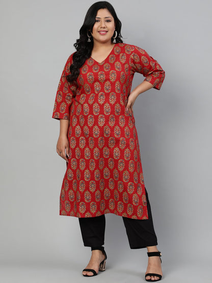 Women's Red Ethnic Motifs Printed Regular Straight Kurta