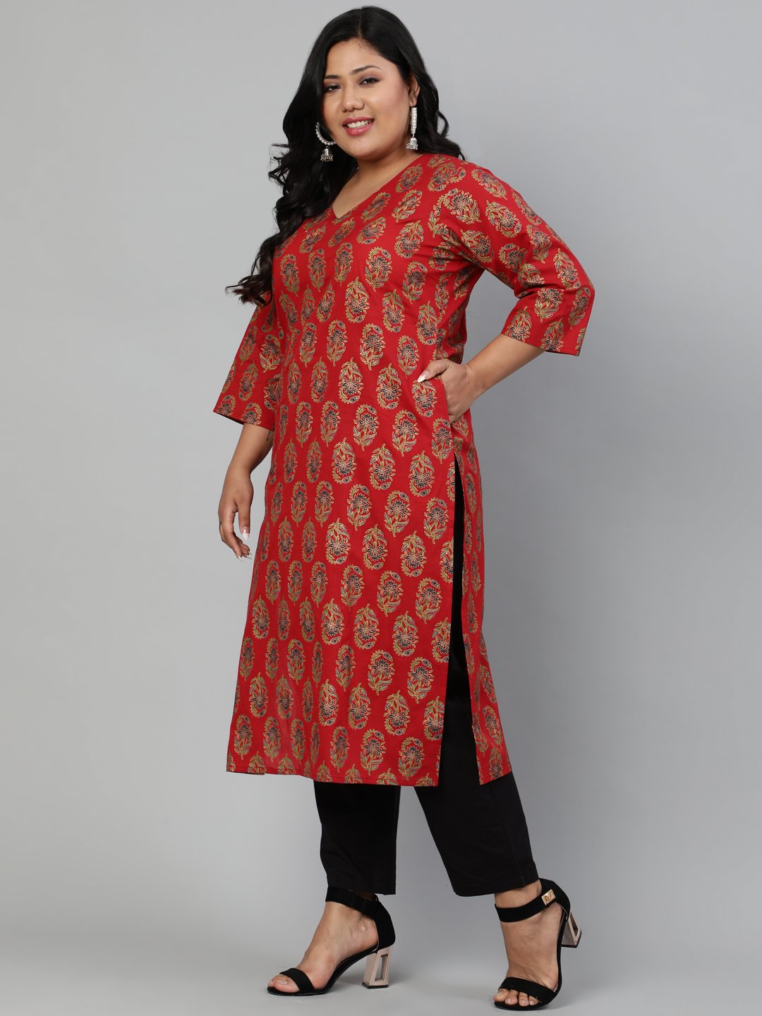 Women's Red Ethnic Motifs Printed Regular Straight Kurta
