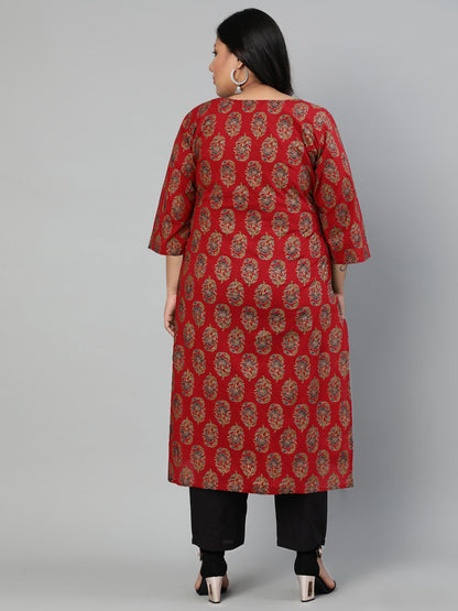 Women's Red Ethnic Motifs Printed Regular Straight Kurta