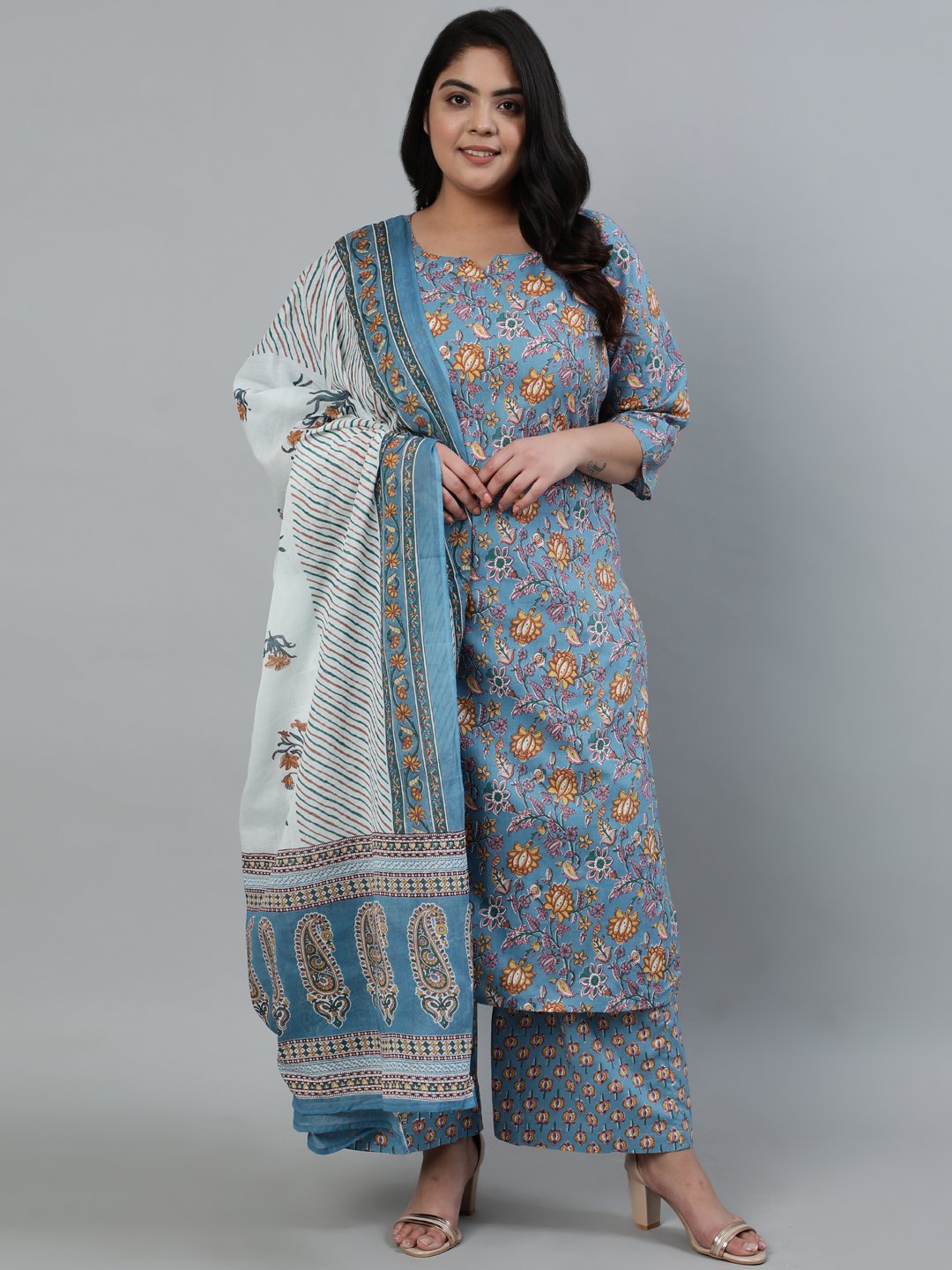 Women's Blue Cotton Floral Printed Regular Kurta With Trousers & Dupatta