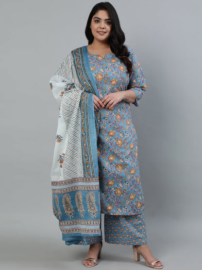 Women's Blue Cotton Floral Printed Regular Kurta With Trousers & Dupatta