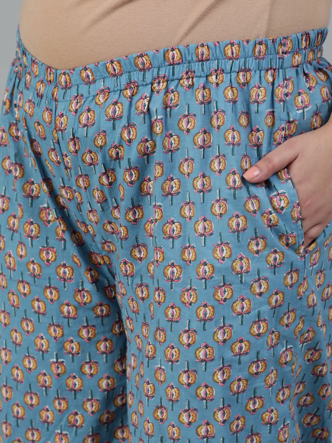 Women's Blue Cotton Floral Printed Regular Kurta With Trousers & Dupatta