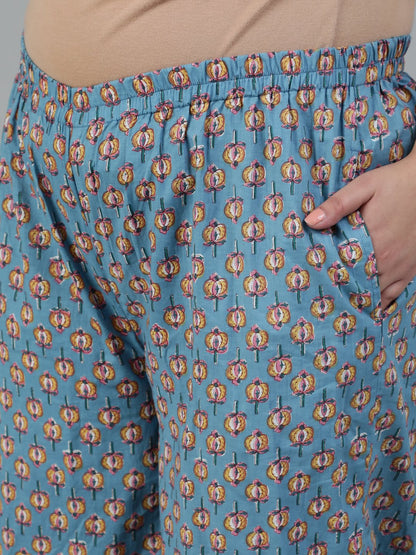 Women's Blue Cotton Floral Printed Regular Kurta With Trousers & Dupatta