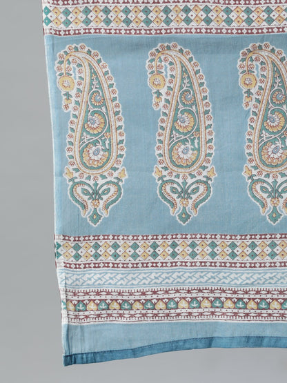 Women's Blue Cotton Floral Printed Regular Kurta With Trousers & Dupatta