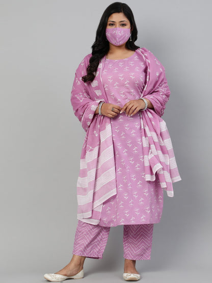 Women's Lavender & Glitter Floral Printed Straight Kurta With Plazo & Dupatta