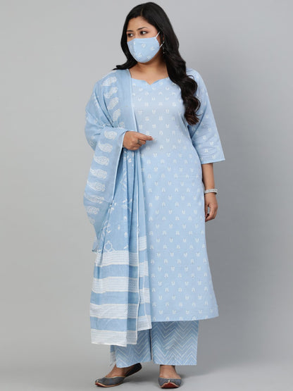 Women's Powder Blue Printed Kurta With Plazo & Dupatta