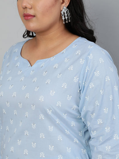 Women's Powder Blue Printed Kurta With Plazo & Dupatta