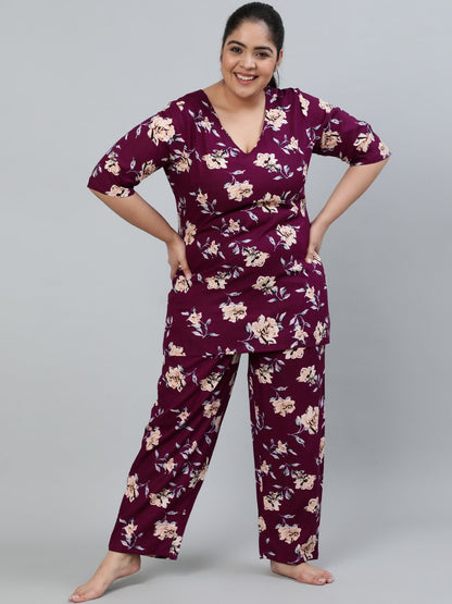 Women's Plus Size Burgundy Floral Printed Night Suit With Half Sleeves