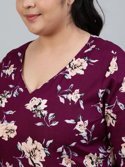 Women's Plus Size Burgundy Floral Printed Night Suit With Half Sleeves