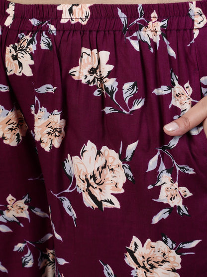Women's Plus Size Burgundy Floral Printed Night Suit With Half Sleeves