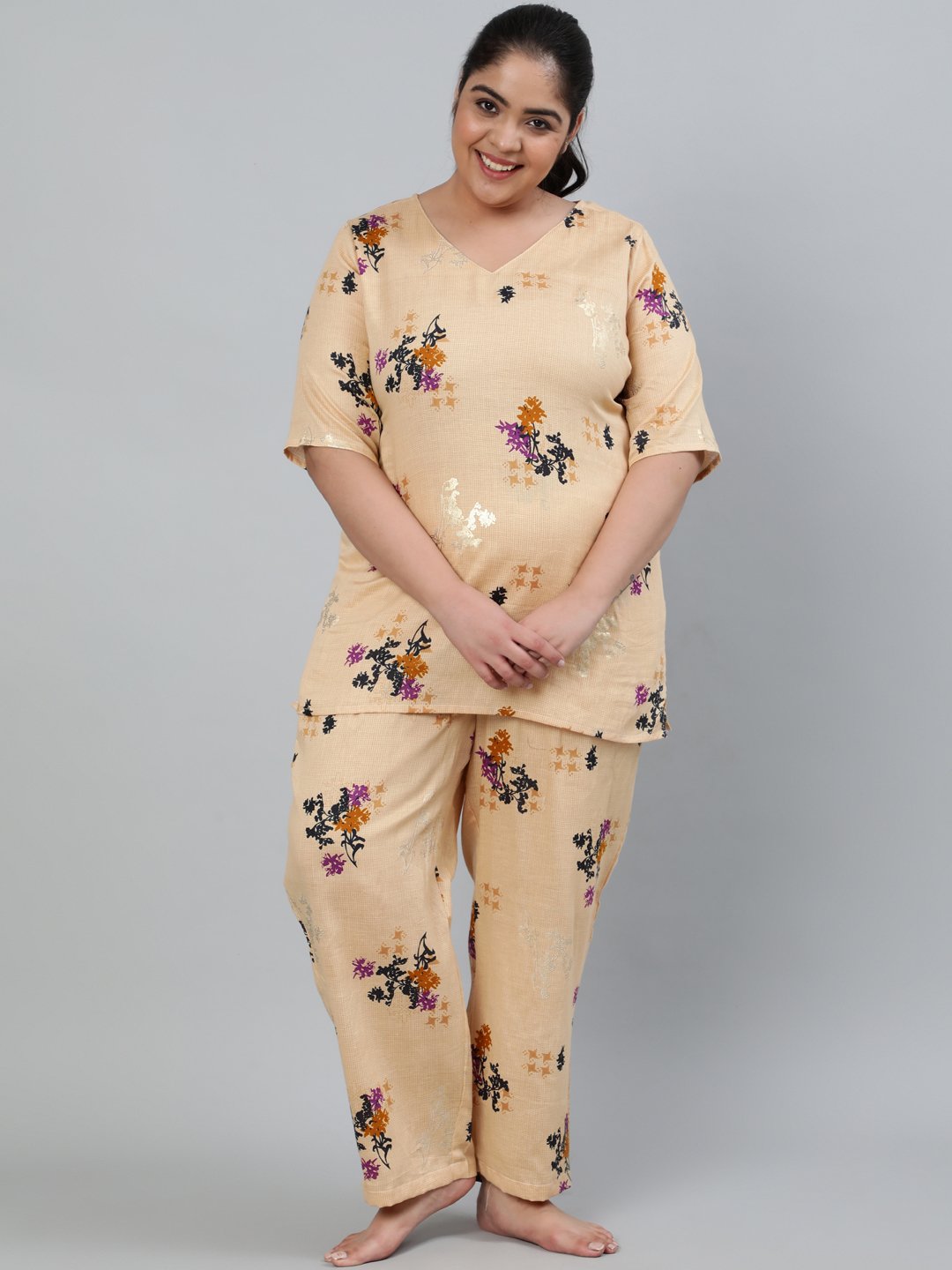 Women's Plus Size Cream Floral Printed Night Suit With Half Sleeves