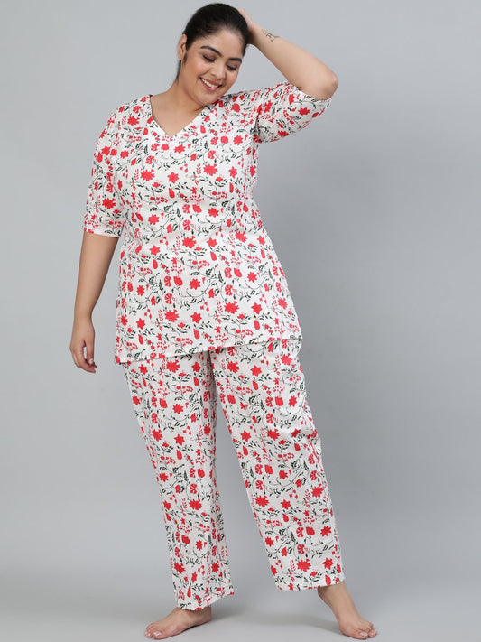 Women's Plus Size Off-White Floral Printed Night Suit With Half Sleeves