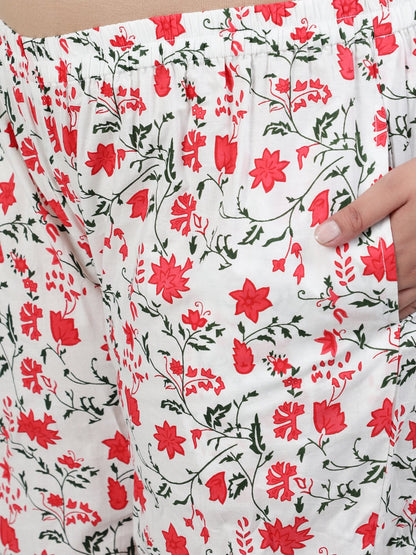 Women's Plus Size Off-White Floral Printed Night Suit With Half Sleeves