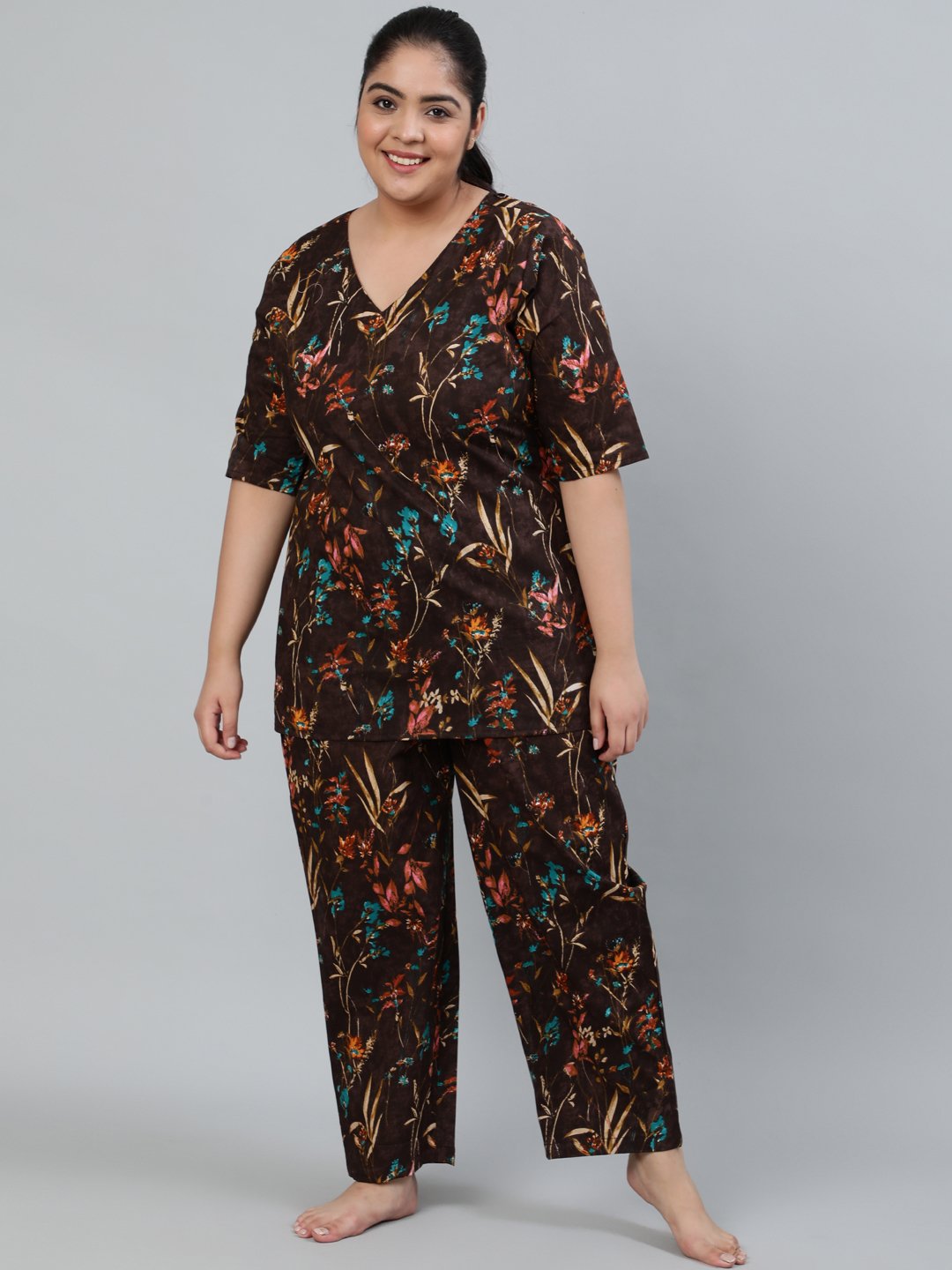 Women's Plus Size Brown Floral Printed Night Suit With Half Sleeves