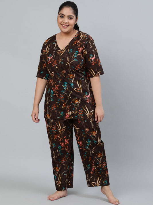 Women's Plus Size Brown Floral Printed Night Suit With Half Sleeves