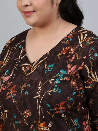 Women's Plus Size Brown Floral Printed Night Suit With Half Sleeves