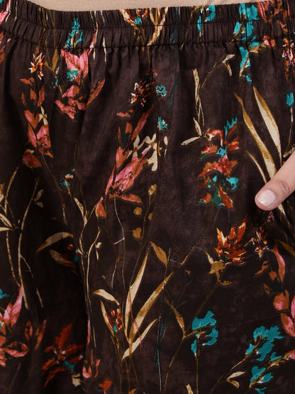 Women's Plus Size Brown Floral Printed Night Suit With Half Sleeves