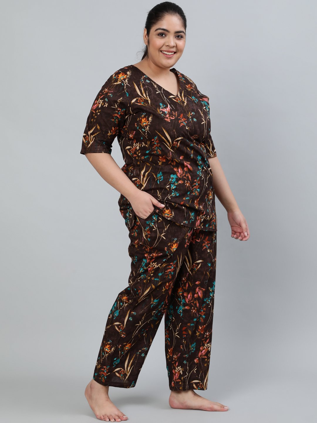 Women's Plus Size Brown Floral Printed Night Suit With Half Sleeves