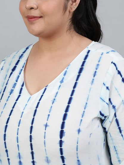 Women's Plus Size Off- White Tie-Dye Printed Night Suit With Half Sleeves