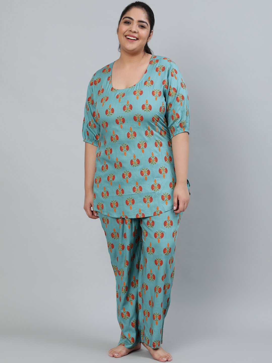 Women's Plus Size Blue Printed Night Suit With Half Sleeves