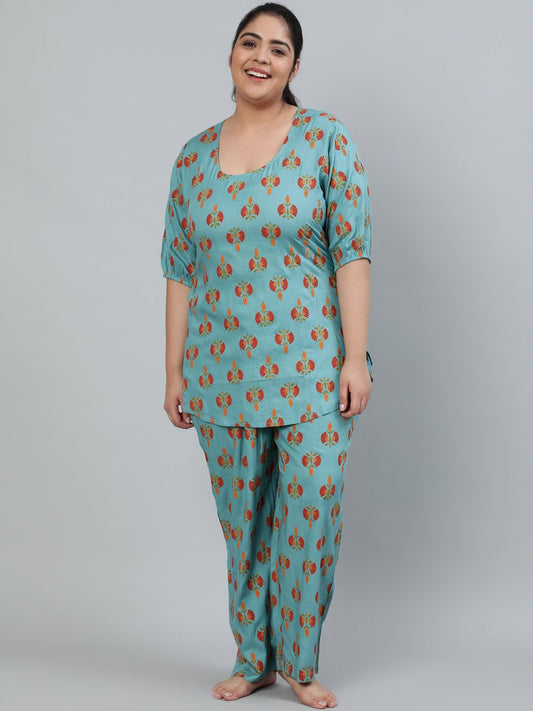 Women's Plus Size Blue Printed Night Suit With Half Sleeves