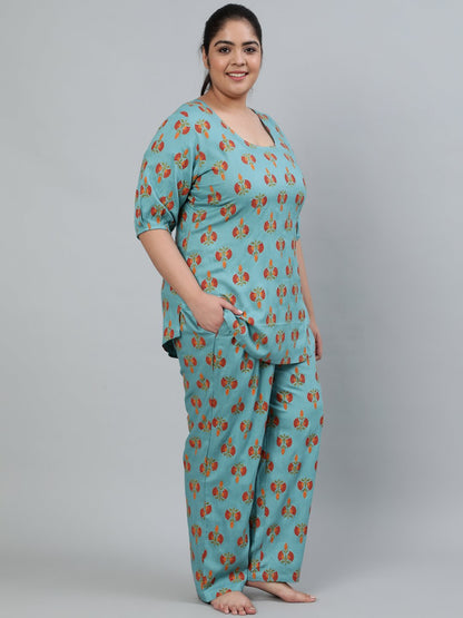Women's Plus Size Blue Printed Night Suit With Half Sleeves