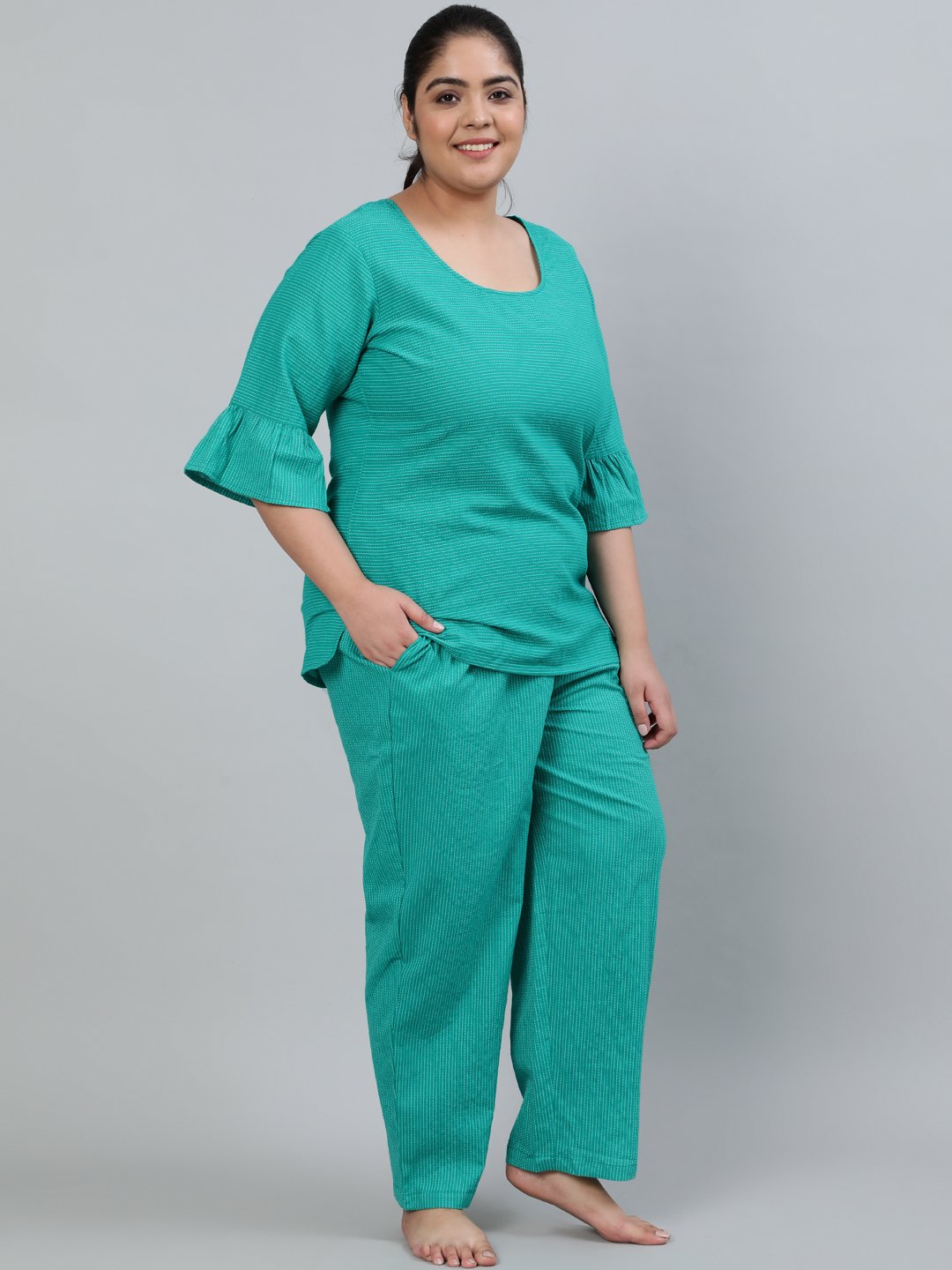 Women's Plus Size Beige Printed Night Suit With Half Sleeves