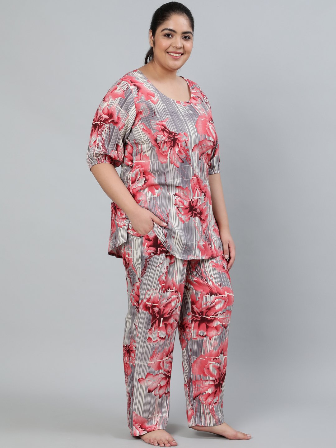 Women's Plus Size Grey Printed Night Suit With Half Sleeves