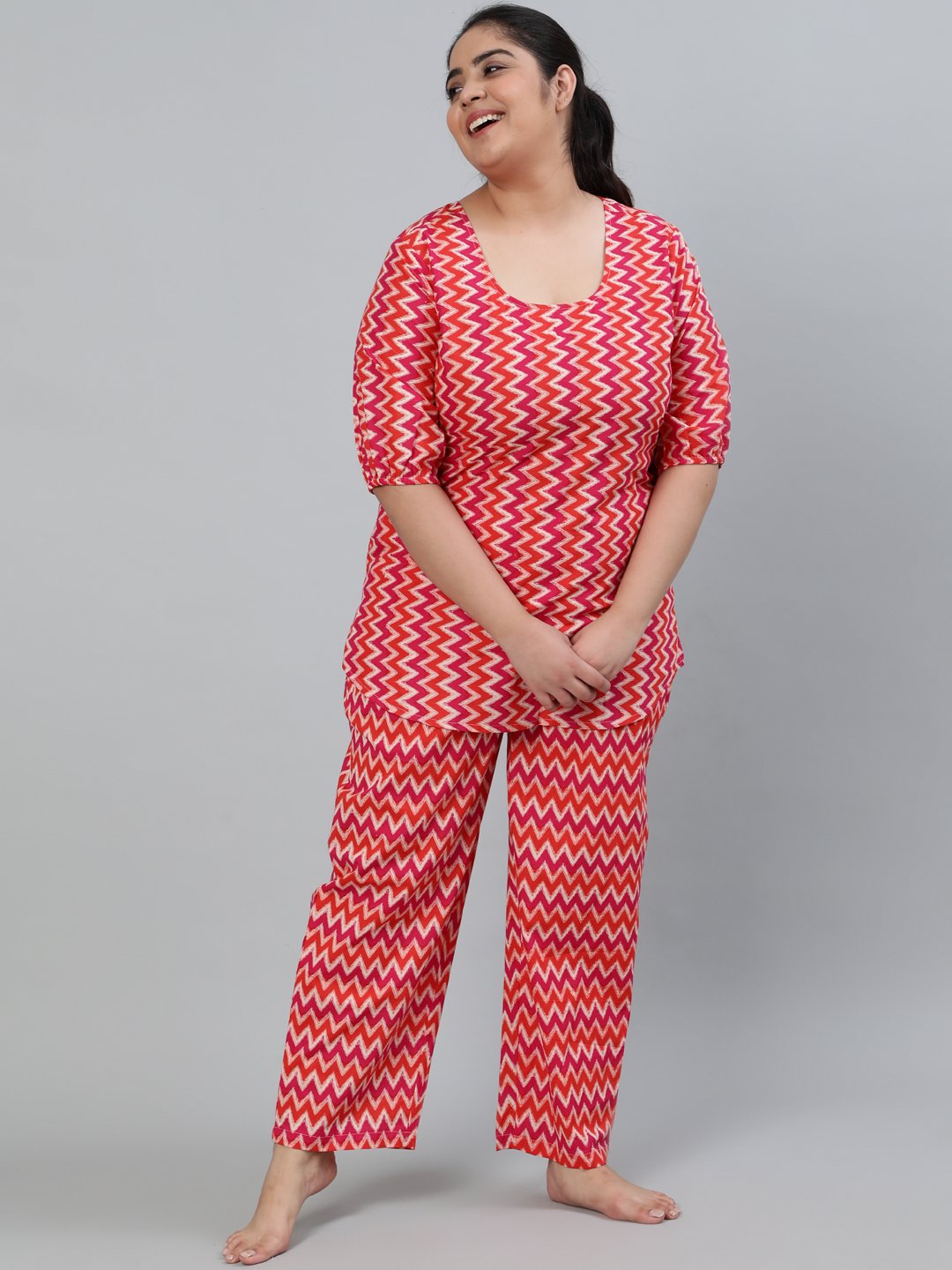 Women's Plus Size Pink Printed Night Suit With Half Sleeves