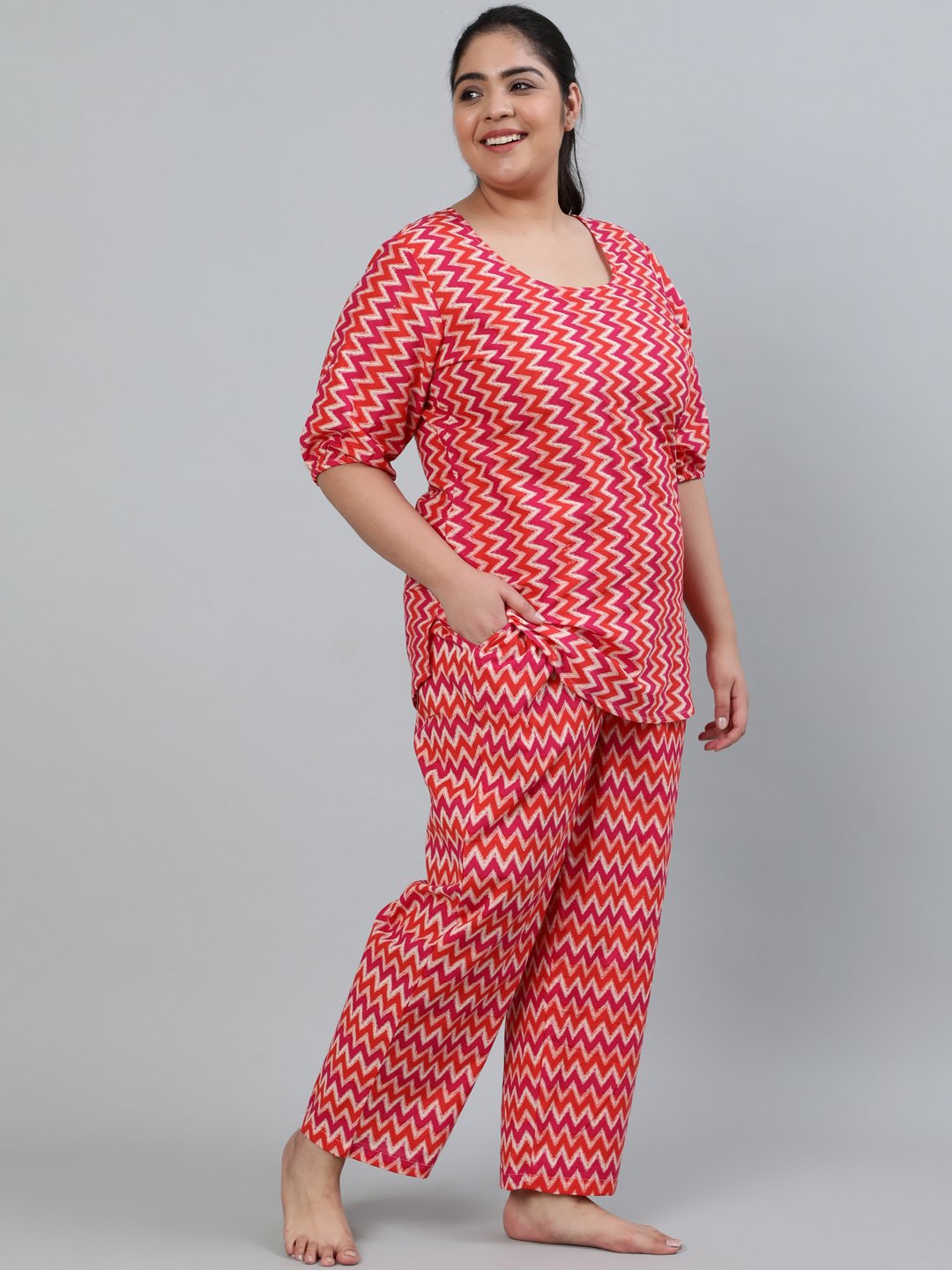 Women's Plus Size Pink Printed Night Suit With Half Sleeves