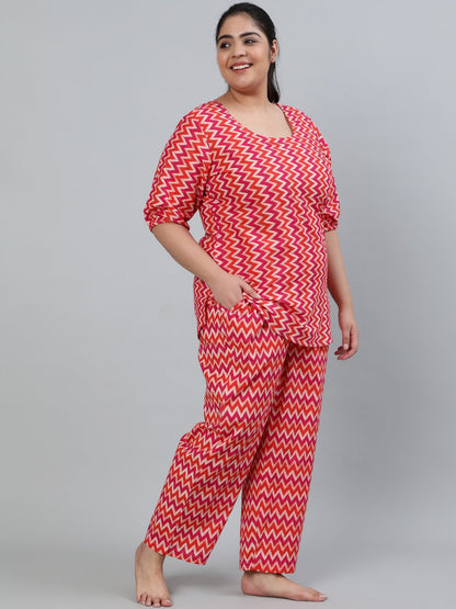 Women's Plus Size Pink Printed Night Suit With Half Sleeves