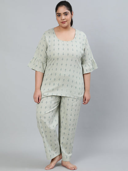 Women's Plus Size Green Printed Night Suit With Half Sleeves