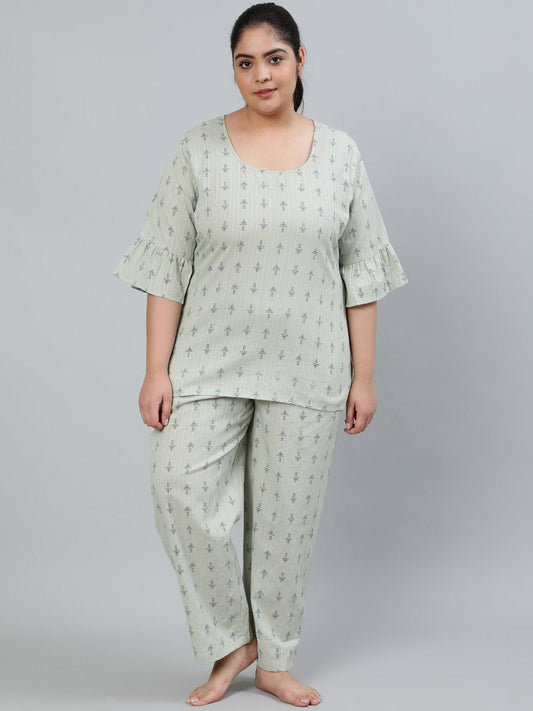 Women's Plus Size Green Printed Night Suit With Half Sleeves
