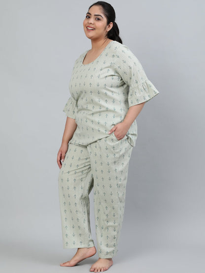 Women's Plus Size Green Printed Night Suit With Half Sleeves