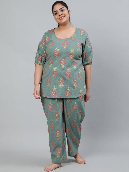 Women's Plus Size Green Printed Night Suit With Half Sleeves