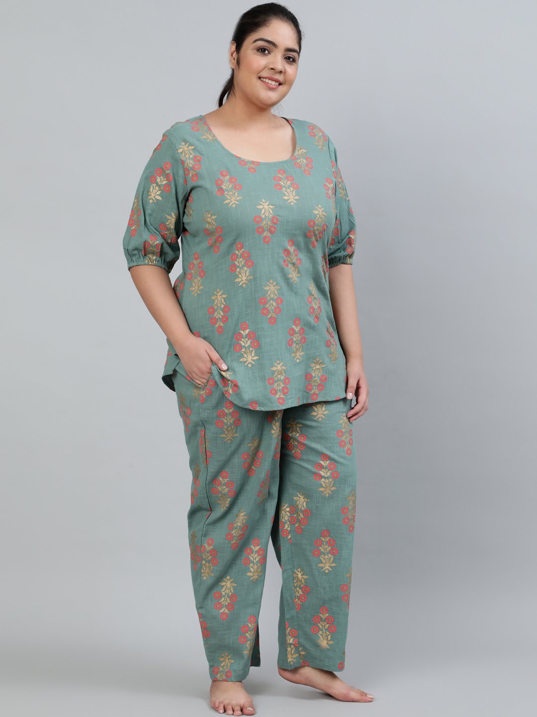 Women's Plus Size Green Printed Night Suit With Half Sleeves