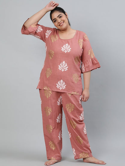 Women's Plus Size Pink Printed Night Suit With Half Sleeves