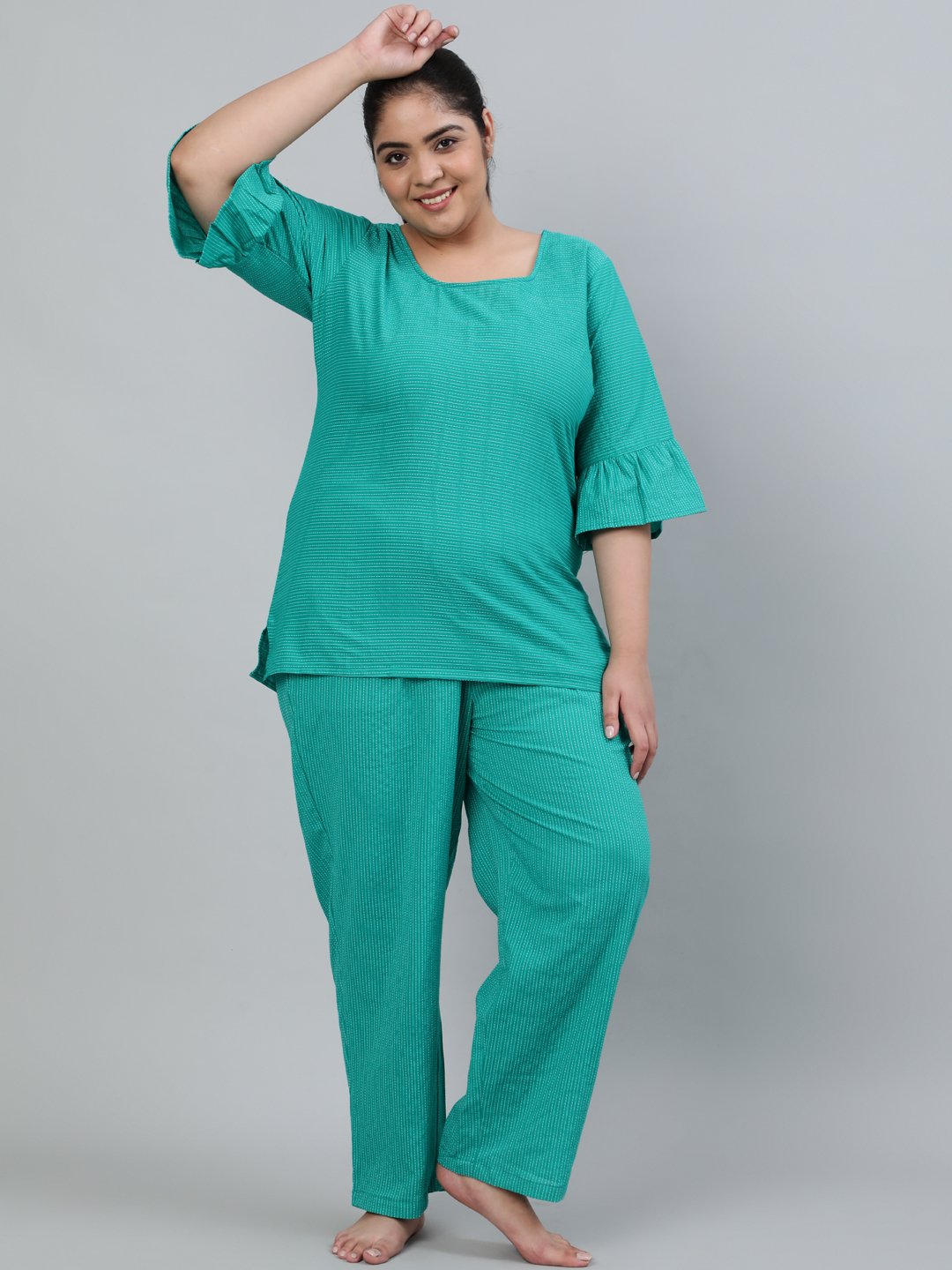 Women's Plus Size Green Printed Night Suit With Half Sleeves
