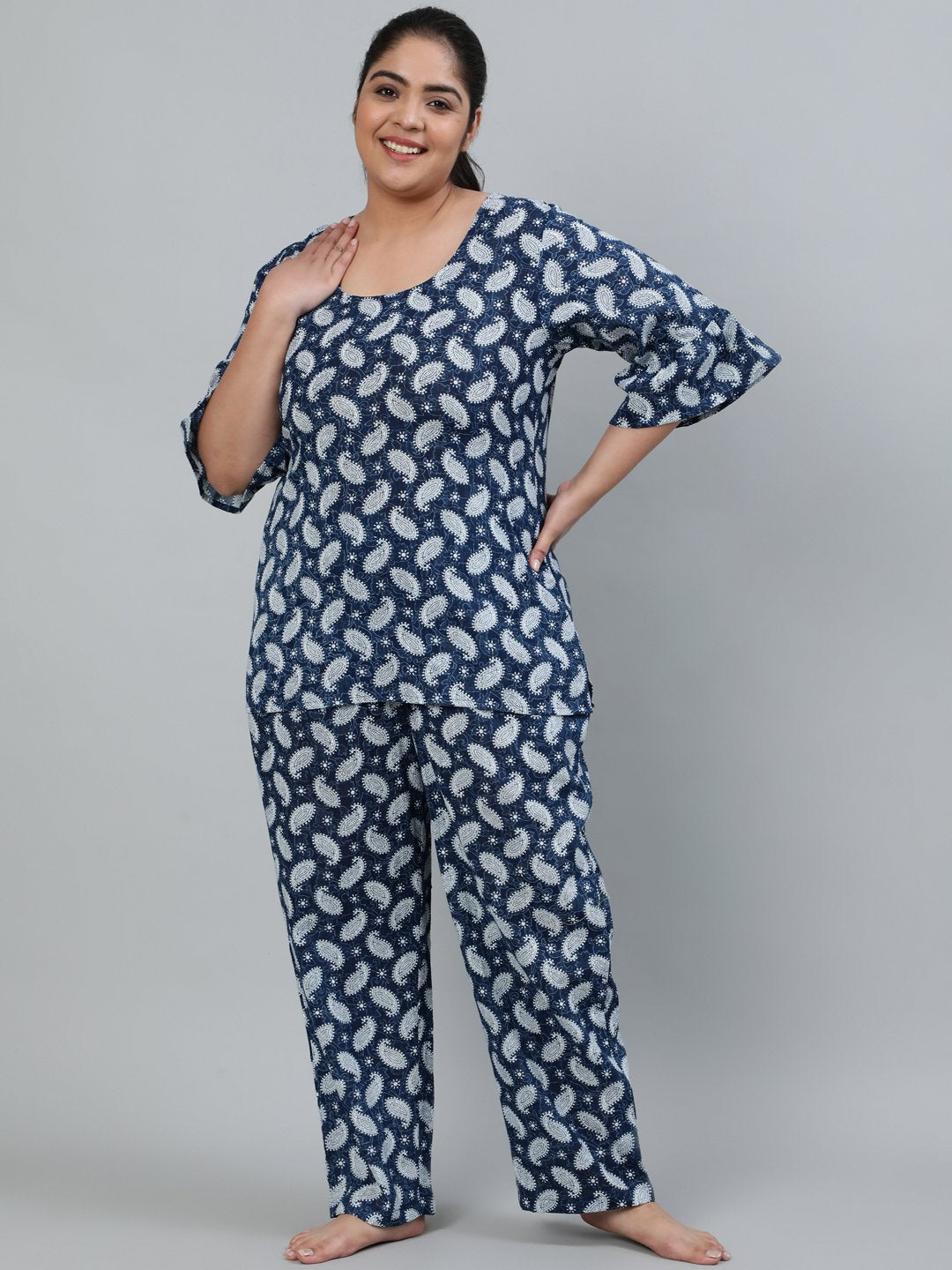 Women's Plus Size Blue Printed Night Suit With Half Sleeves