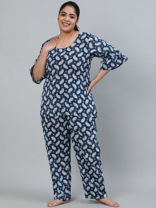 Women's Plus Size Blue Printed Night Suit With Half Sleeves
