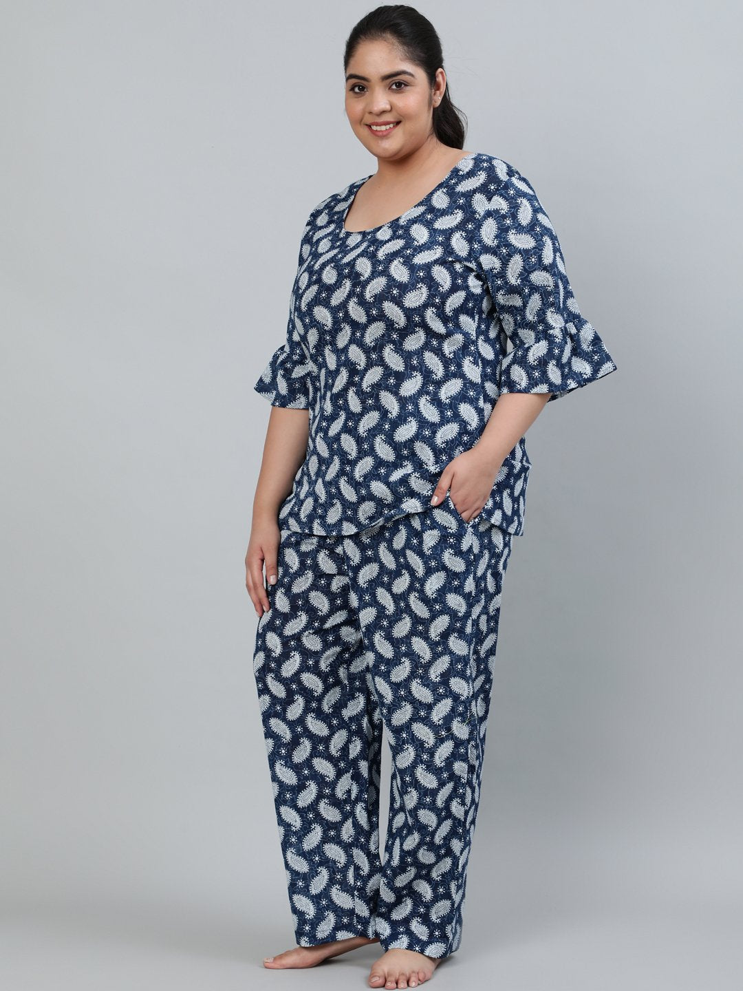 Women's Plus Size Blue Printed Night Suit With Half Sleeves