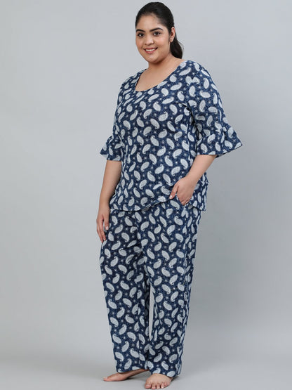 Women's Plus Size Blue Printed Night Suit With Half Sleeves